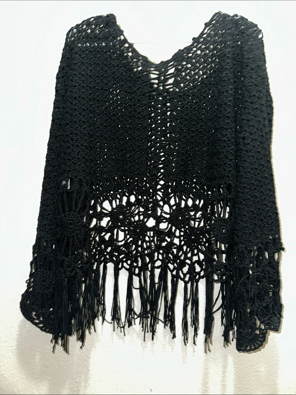 Umgee Black Crochet Fringe Poncho Sweater - Picture 5 of 5